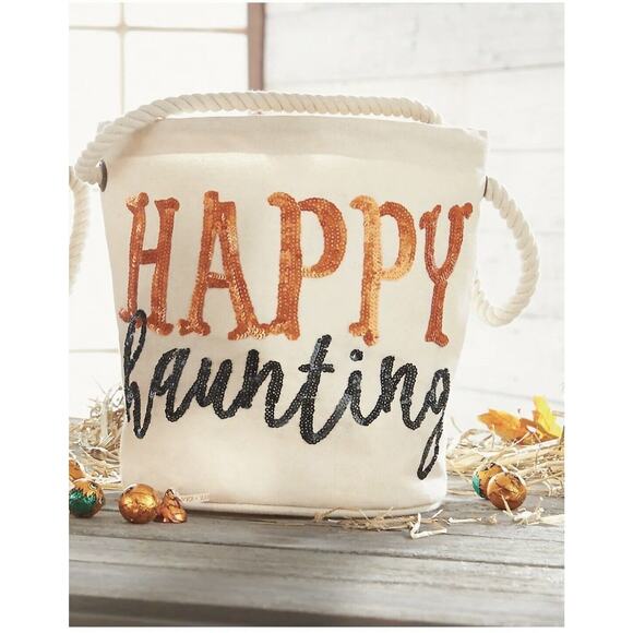 Mudpie Halloween Dazzle Bucket Tote Happy Haunting Sequin Trick or Treat NEW - Picture 1 of 15